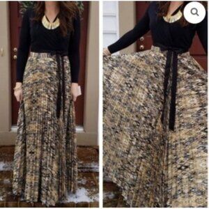LuLaRoe DeAnne Maxi Wrap Dress Black Gold Long-Sleeve Full Pleated Skirt Large